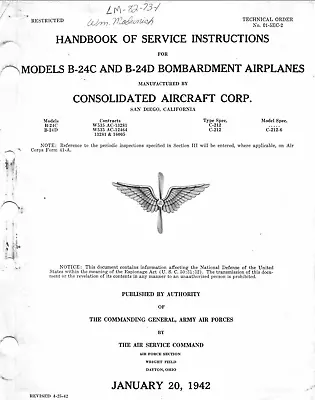 351 Page 1942 B-24C B-24D Liberator T.O. 01-5EC-2 Handbook Of Service On CD • $24.99