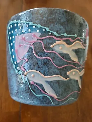 Studio Art Stoneware Pottery Shabby Planter Bucket Jelly Fish W/ School Of Fish • $30