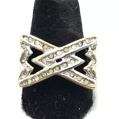 Vintage  18K HGE Signed Gold Plated Clear Crystals  Bold  X Design Ring Sz 8 • £48.21