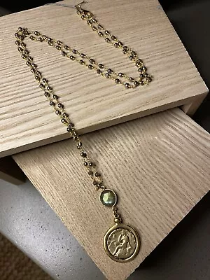 OLD WORLD Necklace Gold Medallion Coin Pendant Green Gemstone Beaded Chain 30” • $59