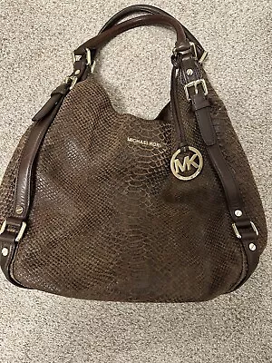 Michael Kors Bedford Large Python-Embossed Mocha Leather Tote Hobo Handbag Brown • $99.99