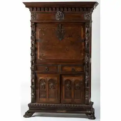 Bambocci Cabinet Renaissance Revival Burl Veneer Secretary Gorgeous 1800s!! • $3475