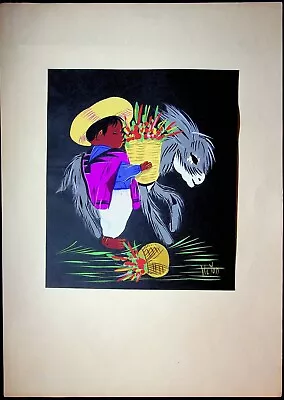 Mexican Folk Art Gouache Color Print Signed Victon Boy W/ Donkey & Flowers 1930s • $18.95