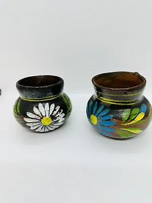 2 Mexican Redware Pottery Bud Vases Mini Flower Pots Hand-painted 3in • $9