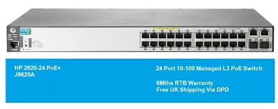 HP J9625A 2620-24 PoE+ 24Port 10-100 Managed L3 PoE Switch With Rack Mount Ears • £36.99