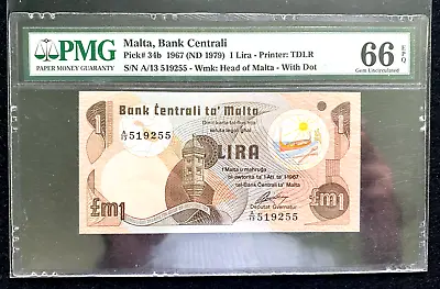 MALTA BANK CENTRALI 1967 ND (1979) 1 LIRA. PMG-66 EPQ. P-34b. GEM UNC • $85.50