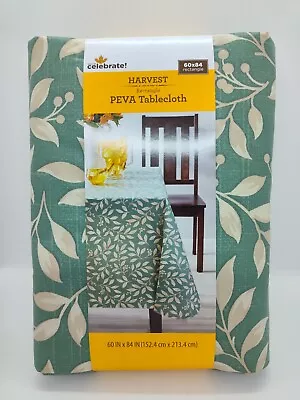 Way To Celebrate HARVEST Green W Cream Leaves Vinyl Tablecloth 60 X 84 Inch NEW • $10.80