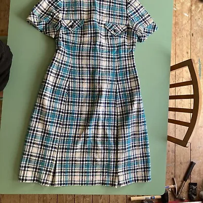 £10 • Buy Vintage 1960s / 1970s Blue And White Check A-Line Dress - Approx Sz Small UK10