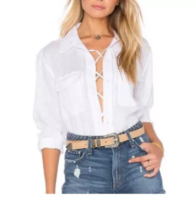 Equipment Femme Linen Knox Tunic Top Women L White Lace Up Long Sleeve Beach • £58.38