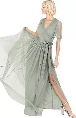 Anaya Bridesmaid Maxi Dress UK14 Women V-Neck Short Sleeve Belted Guest Prom • £28.50