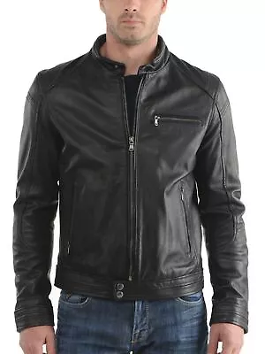 New Leather Jacket Mens Biker Motorcycle Real Leather Coat Slim Fit Black #1099 • $118