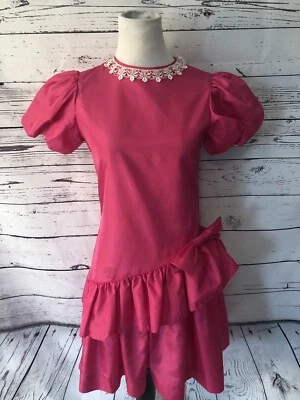 £33.83 • Buy Teen Picture Me Vintage Prom Dress Sz 6/1 Hot Pink Lace Bow Drop Waist Puff Slv