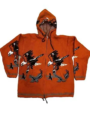 VTG TEJIDOS Incaico Ecuador Full Zip Hooded Sweater Jacket Men XL Orange Eagles • $39.60