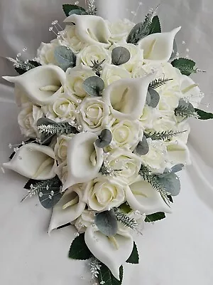 Ivory/ White Calla Lily /Rose With Crystal Sprays Eucalyptus And Greenery • £5.75