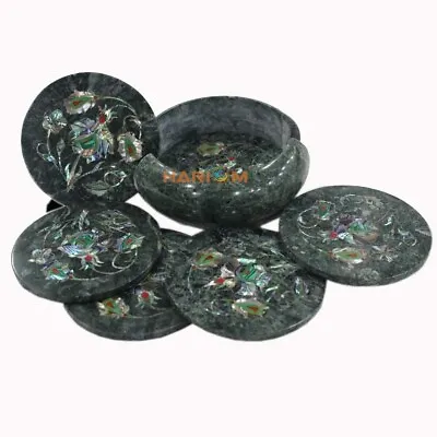 Black Solid Marble Abalone Shell Stone Floral Inlay Coaster Set Home Decorate • $281.06