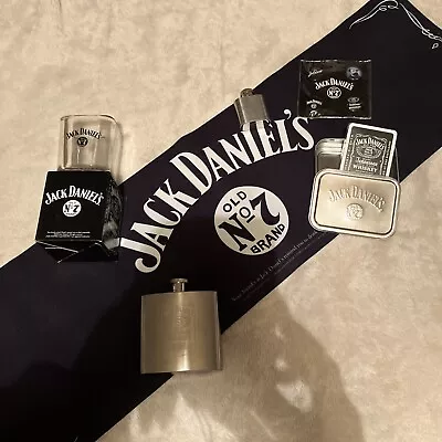 (Lot 18) Jack Daniels Gift Set  Bar Runner Glass Cards 2 X Hip Flask & Badges • £25