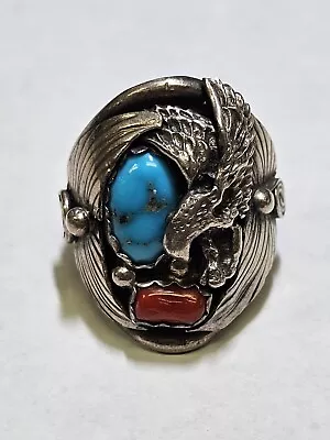 Unidentified LH Signed Mens Native American Turquoise And Coral Eagle Ring S 11 • $69