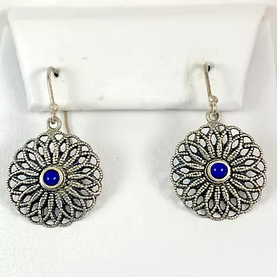 Vintage STERLING SILVER 925 Faux Lapis Dangle Wire French Hook Earrings Signed • $19.99