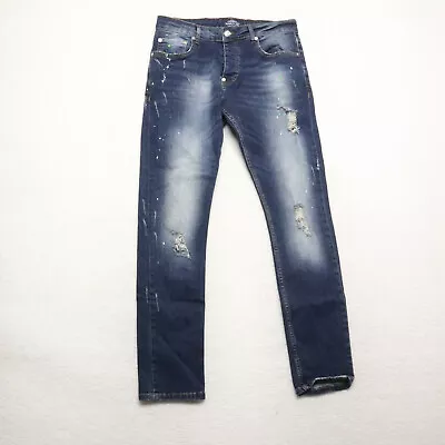 Black Island Men's Size 32x31 Blue Skinny Distressed Splatter Stretch Denim Jean • $20.07