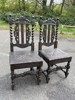 Victorian Carved Oak Chairs Wooden High  Crown Back Barley Twist Hall Chairs • £120