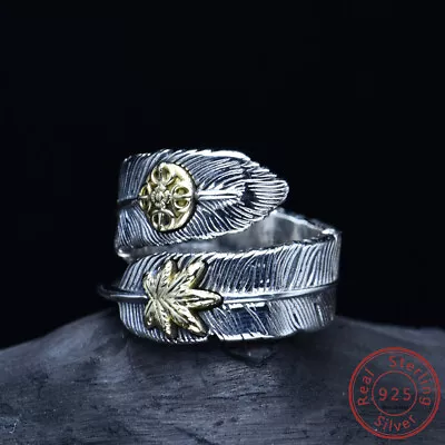 Solid 925 Sterling Silver Open Ring Maple Feather Vintage Jewelry Hip Hop Retro • $57