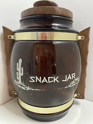 VTG 60's Siesta Ware Cactus West Snack Jar Larg Amber Barrel Shaped Glass & Wood • $24