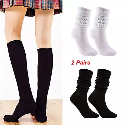 2 Pairs Women Slouch Socks Cotton Scrunch Knee High Extra Long Heavy Socks B • £6.99