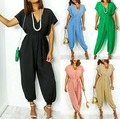 £15.40 • Buy Womens Jumpsuit VNeck Belted Tie Harem Wide Leg All In One Ladies Playsuit Dress