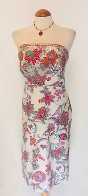 Monsoon Embellished Multicoloured Paisley Print Cotton Strapless Dress - Used 16 • £7.99