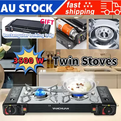 Portable Twin Stoves With Hotplate Camping Cooker Stove Garden Grill Oven BBQ • $98.99