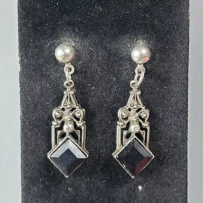 Dangle Gothic Earrings Silver Tone Black Mid Century Retro Modernist Boho 1.5  • $9.99