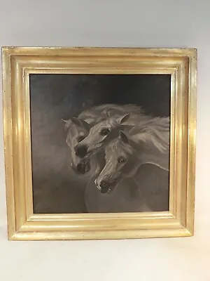 Lg 20” Running Horses Vintage Signed Painting Grisaille Style Gold Gilt Frame  • $2200