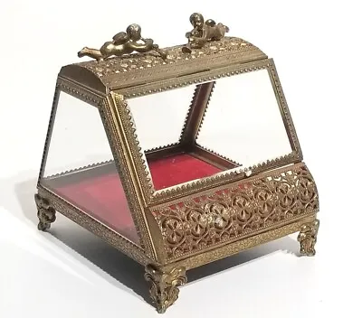 Vintage Himark Japan Beveled Glass Bronze Ormolu Cherub Trinket / Jewelry Box • $131.99