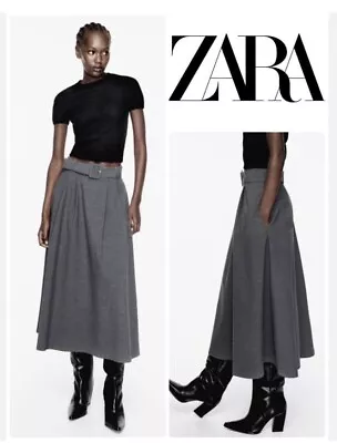 Zara A-line Skirt With Belt High Waist Grey 8530 580 Size M • £29.99