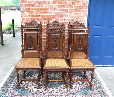 Set Of 6 French Antique Oak Britany  Oak Caned Dining Room Chairs • $2800