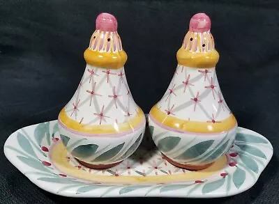 MacKenzie Childs Salt & Pepper Shakers With Underplate Tray  • $125