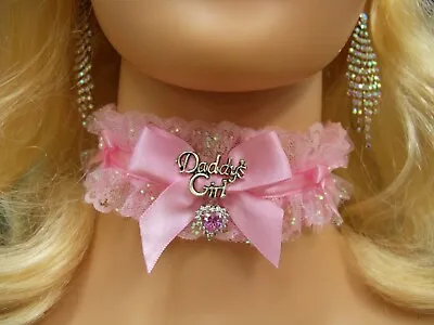 Any Size Glitter Choker Collar Pink Lace LOCK Heart DDLG Kitten Daddy's Girl • $34.95