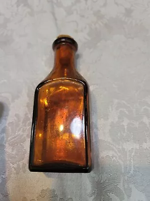 Vintage Amber Brown Glass 4  Tall Bottle Embossed Medicine Cork 690A 21 6 Z  • $14.99