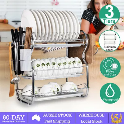 3Tier Dish Drying Rack Drainer Cup Plate Holder Cutlery Tray Kitchen Organizer • $29.95