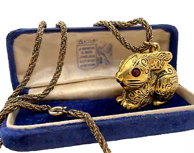 Max Factor Vintage Necklace Gold Bunny Red-eye Rabbit Locket Solid Parfume Full • $119.99