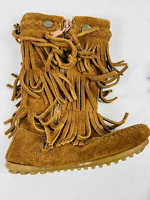 🔥 Minnetonka Small Child Size 8 Chestnut Suede Moccasin Zip Boot 3 Layer Fringe • £24.29