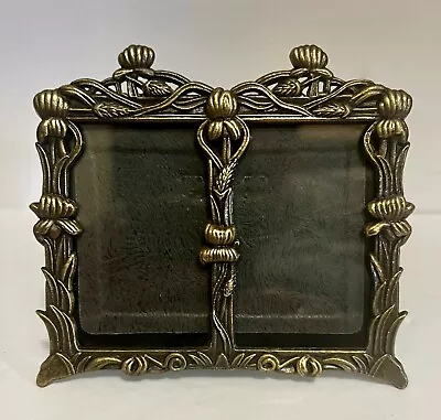 Vintage Brass Double Picture Frame Ornate Regency Baroque Floral 4-1/4”x 3-3/4” • $25