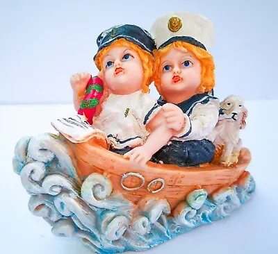 Sister - Brother Little Sailors & Dog On Boat Floating On The Sea-Waves Figurine • £4