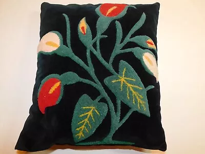 Vtg Crewel Embroidered Black Velvet Pillow Floral Calla Lily Flowers Handmade • $45