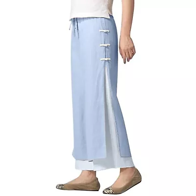 $26.31 • Buy Womens Color Block Buckle Wide Leg Capri Pants Cotton Pockets Linen Double Layer