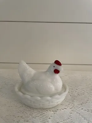 Vintage Westmoreland Milk Glass Miniature Hen On Nest Covered Trinket Dish • $9