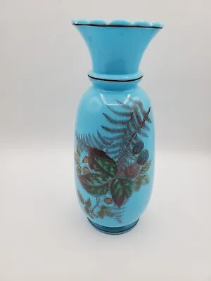 Antique Victorian 11  Opaline Blue Bristol Glass Vase Floral Hand Painted • $25