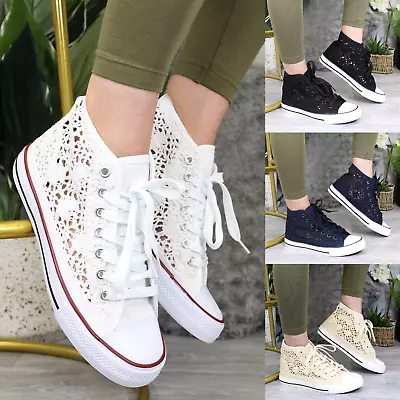 Canvas Sneaker Ladies Trainers Lace Up Flat Plimsolls Ankle Boots Women Shoe • £14.95