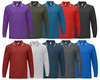 Mens Long Sleeve Polo Shirt Plain Pique Double Tipping Collar With Pocket M-XXL • £9.95