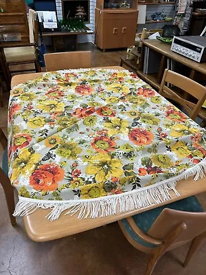 Vintage Cotton Round Tablecloth 60”Orange/Yellow Multi-Round W/ Fringe • $21.99